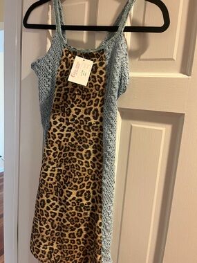 Leopard Print Panel pool Dress with Light Blue Crochet Sides